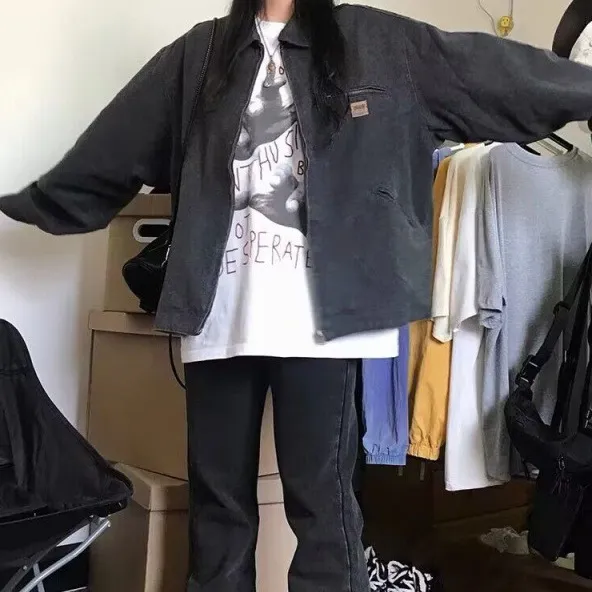 Women's Retro Loose Casual Japanese Cargo Jacket Coat Black - Shop at LoveMi