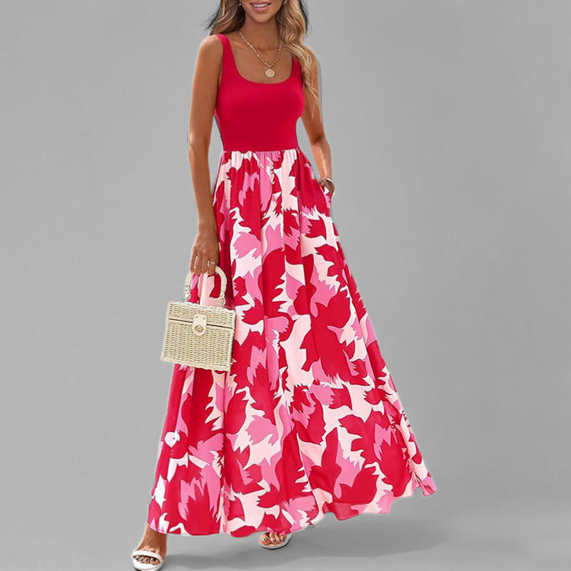 European And American High-grade Printed V-neck Waist Slim Fit Dress Women