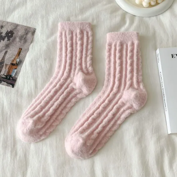 Thick Solid color Mid calf Cotton Socks For Women Light Pink - Shop at LoveMi