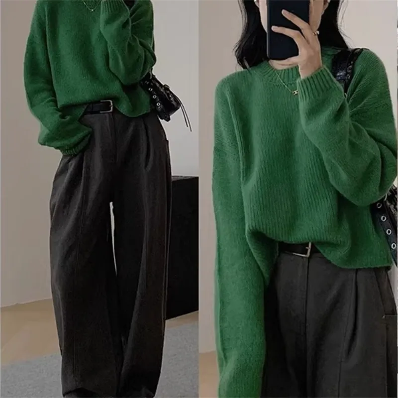 Green Raccoon Velvet Crew Neck Pullover Sweater Female Autumn And Winter Loose Idle Style - Green