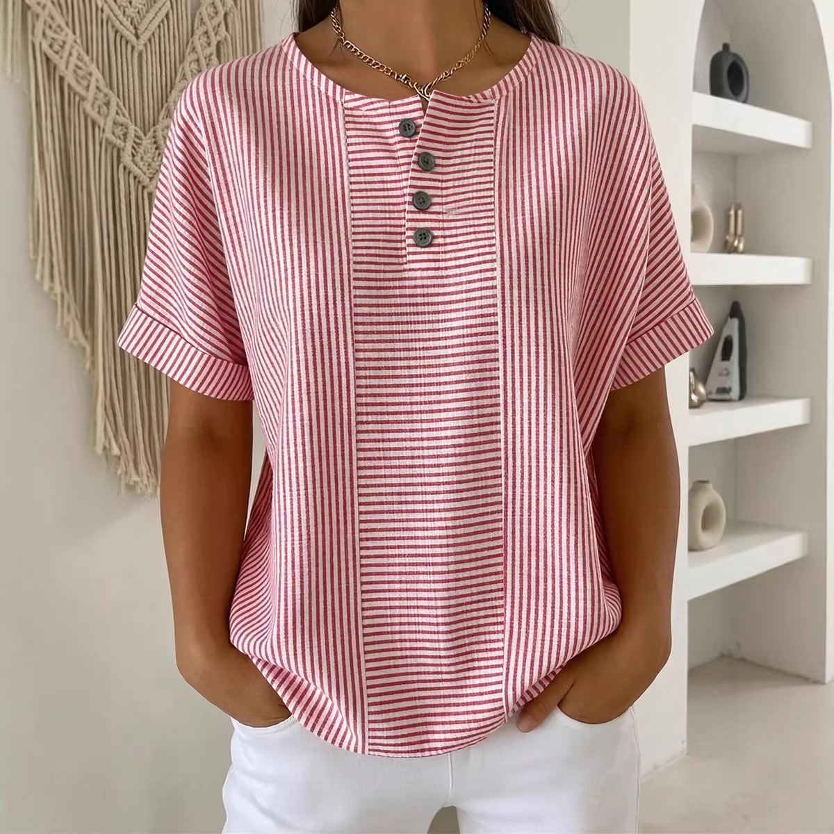 Casual Solid Color V-Neck Buttoned Striped Cotton-Linen T-Shirt