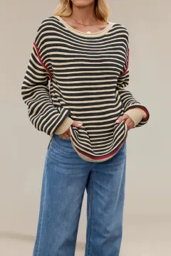 Women's Striped Knitted Round Neck Pullover Loose-fitting Long Sleeves Sweater - Apricot - View 1