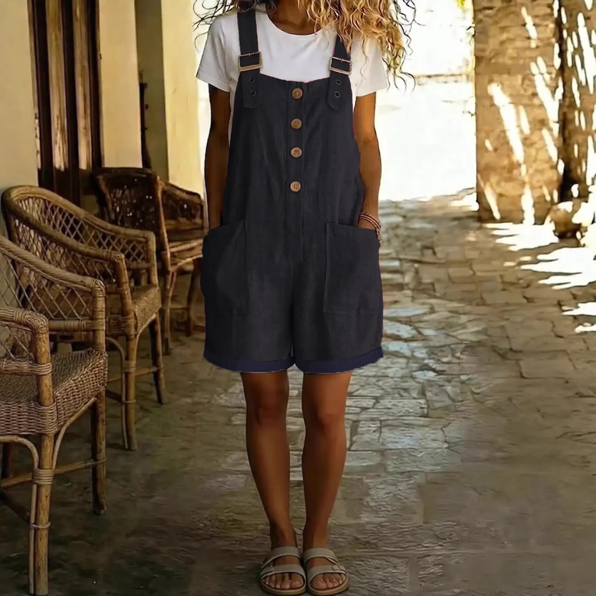 European And American-style Retro Pocketed Straight-leg Overalls For Women