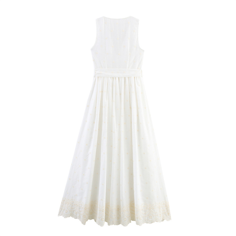 European And American Style Hollow-out Printed V-neck Sleeveless Embroidered Sleeveless Long Dress