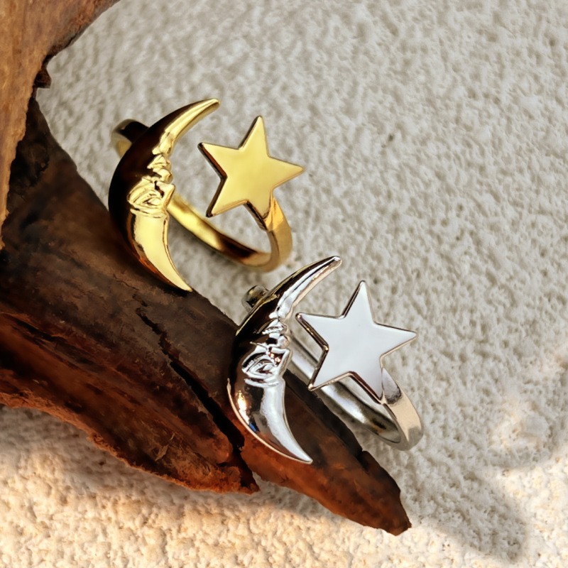 Stainless Steel Simple Star Moon Open Ring
