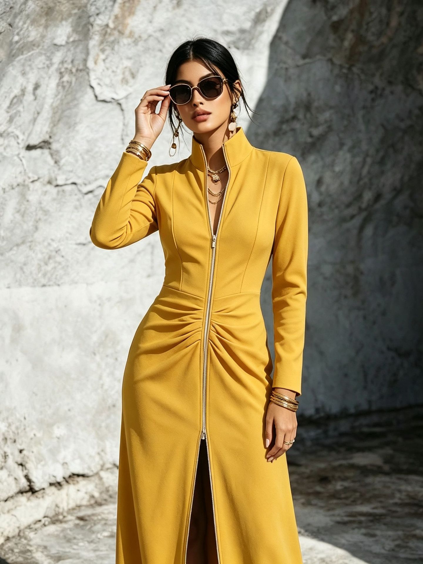 Women's Long-Sleeve Zip-Up Dress - Slim Fit Elegant