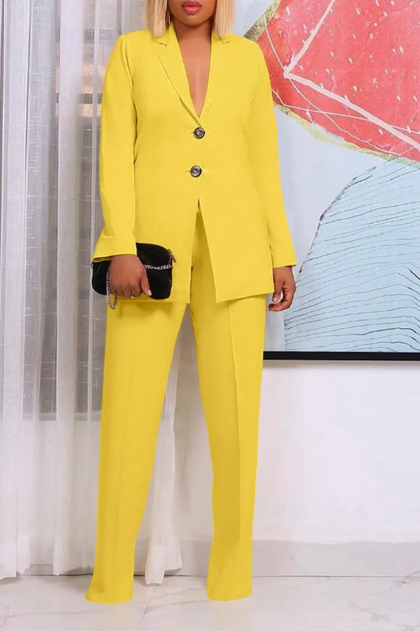 Solid Color Suit Collar Button Two piece Set Suit Yellow - Shop at LoveMi
