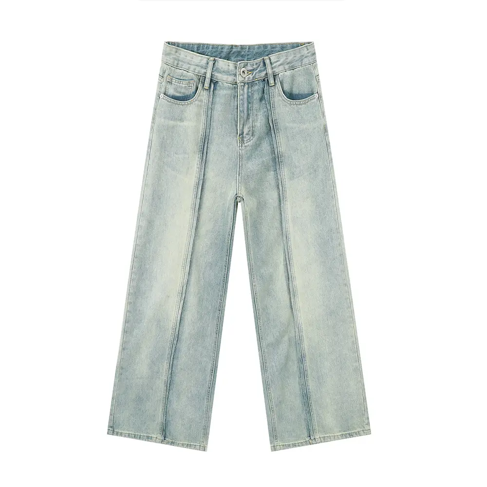 Retro Light Color Stitching Design Straight Wide Leg Jeans