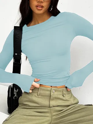 Women's Round Neck Long Sleeve T shirt Top Light Blue - Shop at LoveMi