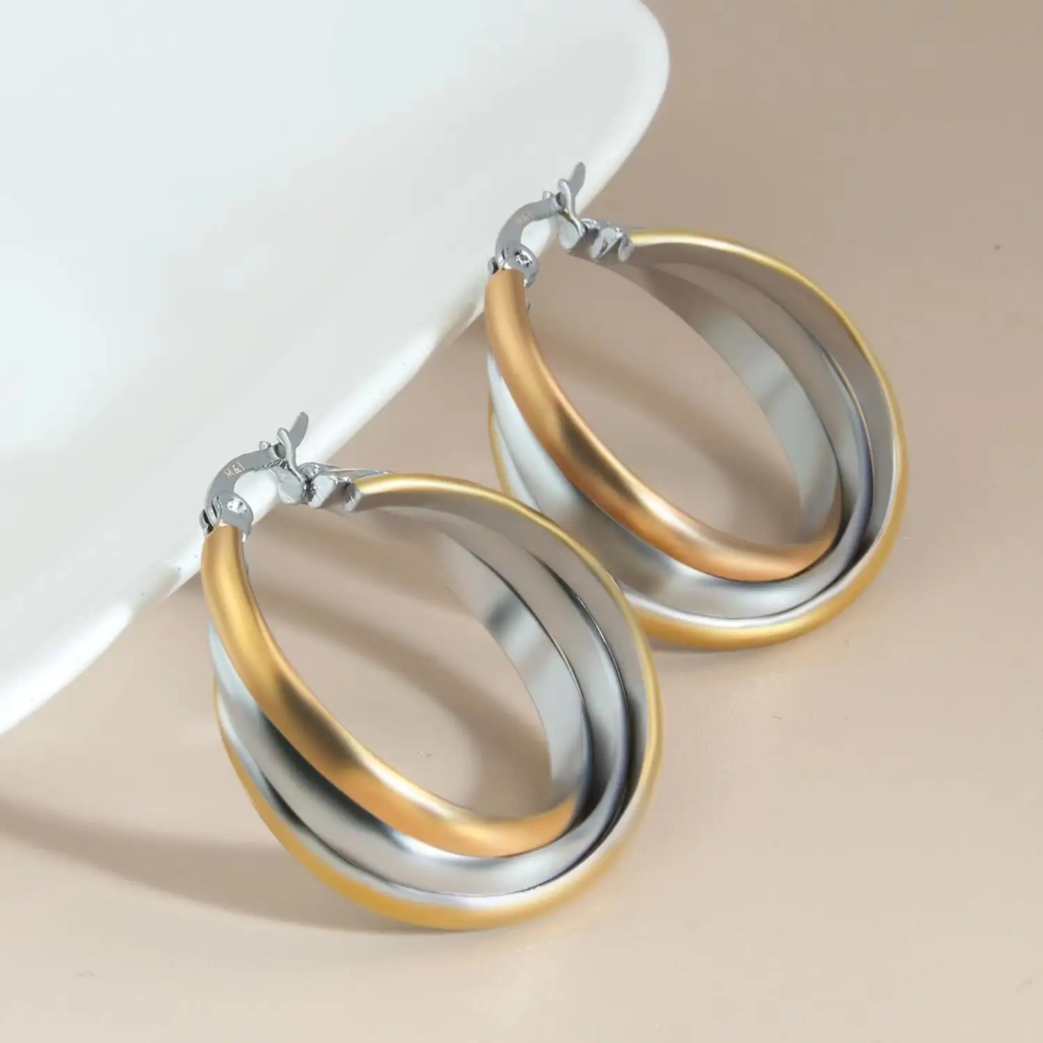 Stainless Steel Three-Ring Multi-Layer Overlapping Gold Earrings