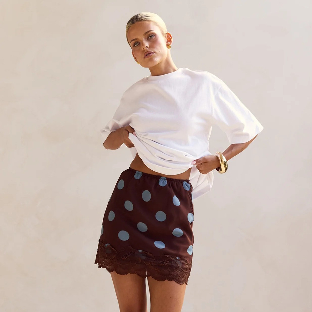 Chic Sassy Waist-cinching Polka-dot Lace-trimmed Skirt For Women