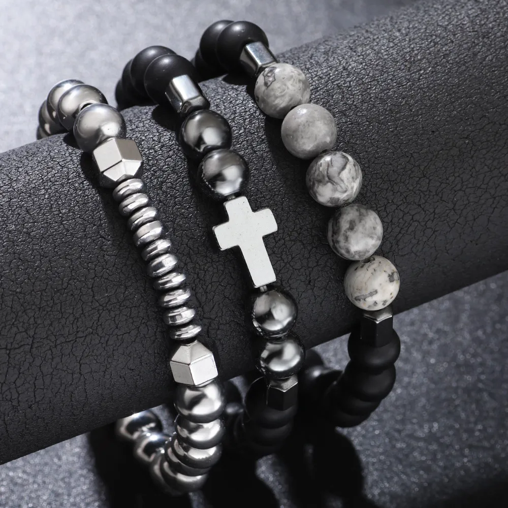 Bracelet UFO Cross Haematite Retro Bracelet Map Stone Elastic String Bracelet - Bracelet Combination