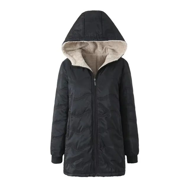 Geometric Wave Hooded Fleece lined Warm keeping Cotton Clothing Black - Shop at LoveMi