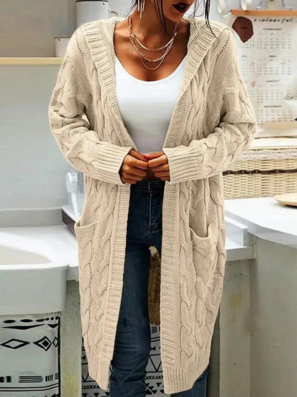 Women's Twisted Design Pocket Long Sleeve Sweater Solid Color Casual Coat - Beige