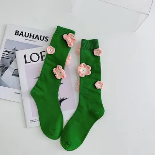 Handmade Flowers Calf Socks Women's Cotton Long Tube Internet Celebrity INS Tide High Tube JK Knee-length Calf Socks - Green