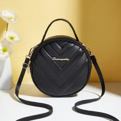 Retro Small Round Bag Korean Texture Embossing - Black - View 1
