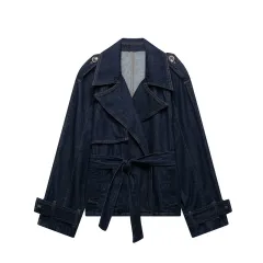 French Blue Belt Short Wide Design Denim Trench Coat - View 1