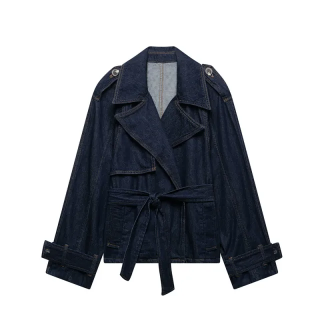 French Blue Belt Short Wide Design Denim Trench Coat - Shop at LoveMi