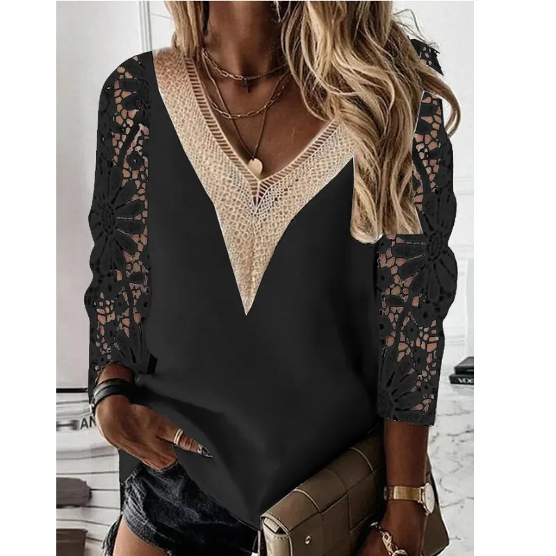 Commuter Nine-quarter Sleeve V-neck Stitching Hollow Lace Chiffon Shirt Pullover - Black