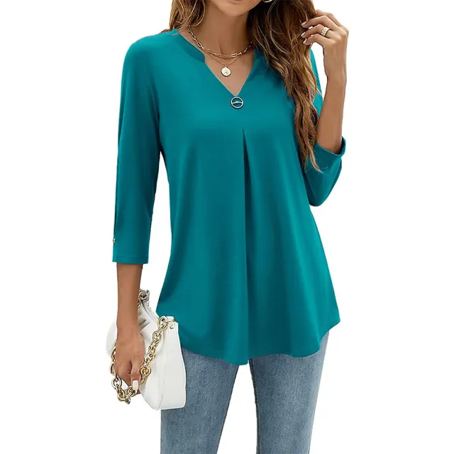 Casual And Comfortable Solid Color And V neck Clinch Loose Three quarter length sleeved T shirt Top For Women Ocean Green - Shop at LoveMi