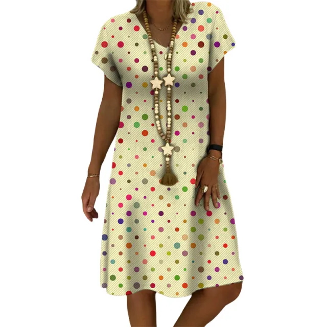 Spring And Summer European And American Women's Clothing Printed V neck Short Sleeve Mid length Dress Yellow - Shop at LoveMi