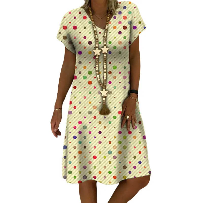 Spring And Summer European And American Women's Clothing Printed V-neck Short Sleeve Mid-length Dress - Yellow