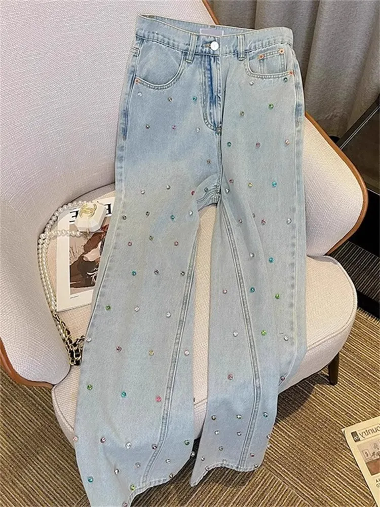 American Retro High-end Fashionable Chic Loose Light Color Mop Trousers - Light Blue