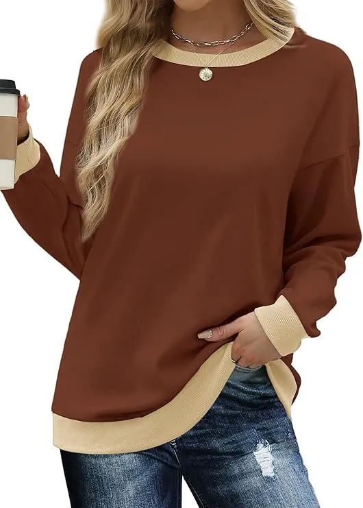 Women's Sweatshirt Crew Neck Long Sleeve Loose Color Matching Dark Brown - Shop at LoveMi