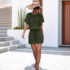 Solid Color Pleated Lace-up Button Jumpsuit - Army Green - View 1
