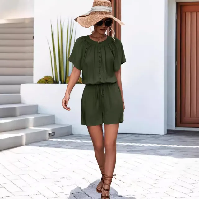Solid Color Pleated Lace up Button Jumpsuit Army Green - Shop at LoveMi