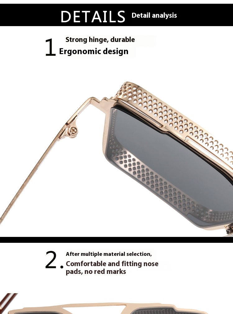 Steam Punk Sunglasses Men's Metal Hollow Square Frame Sunglasses Tide Double Beam Glasses