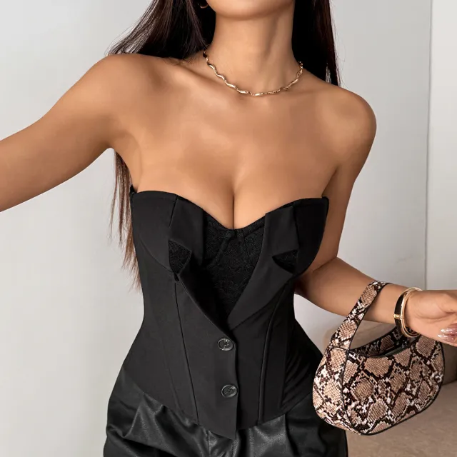 Womens Sexy Lace Top With Padded Cups And A Patchwork Design Black - Shop at LoveMi