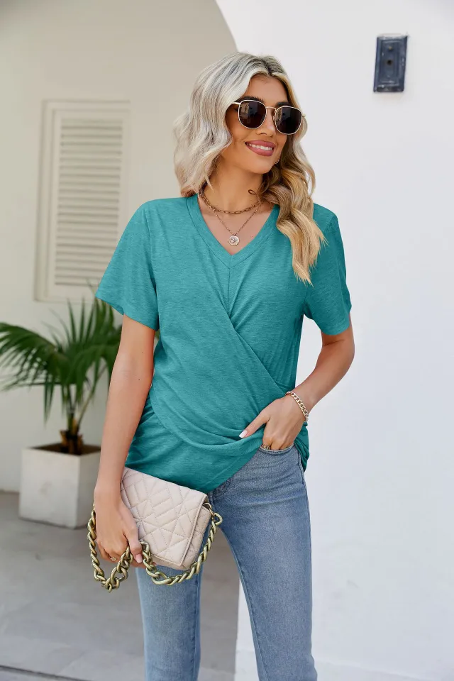 Summer Women's Twisted Top V neck Casual Short sleeved T shirt Peacock Blue - Shop at LoveMi