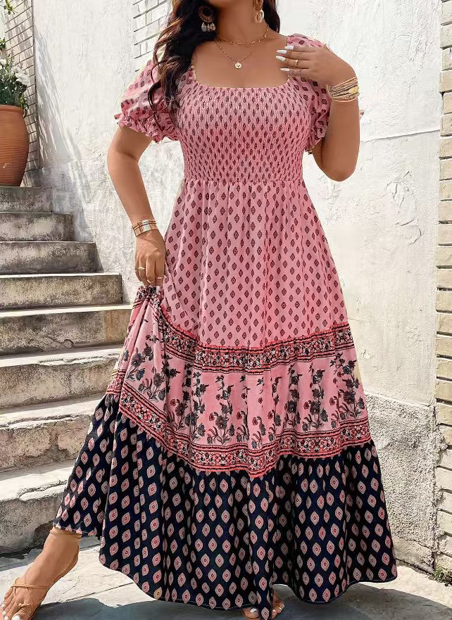 Bohemian Short sleeve Smocked Dress With Positioning Print Pink - Shop at LoveMi