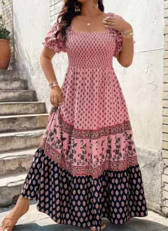 Bohemian Short-sleeve Smocked Dress With Positioning Print - Pink - View 1
