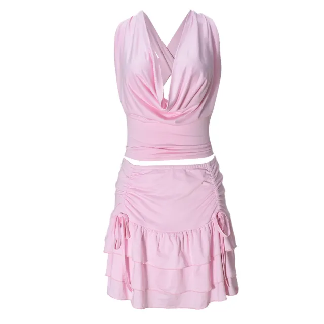 Women's Hollow Out Strap Top Cake Stretch Skirt Two piece Set Pink - Shop at LoveMi