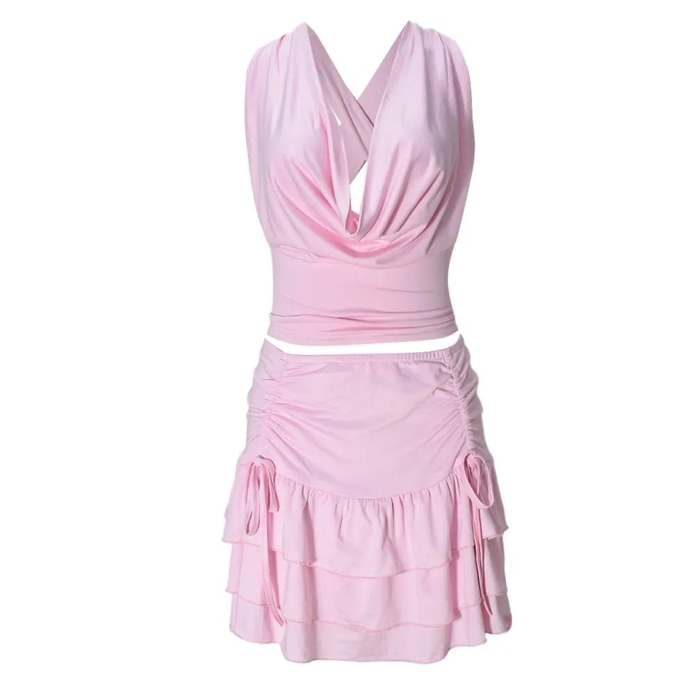 Women's Hollow Out Strap Top Cake Stretch Skirt Two-piece Set - Pink