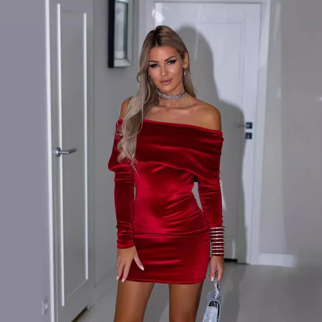 Off the shoulder Form fitting Velvet Evening Gown Red - Shop at LoveMi