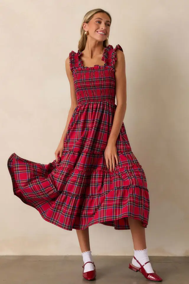Casual Christmas Plaid Suspender Sleeveless Dress Red - Shop at LoveMi