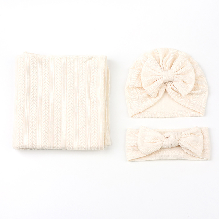 Newborn Polyester Cotton Solid Color Wheat Pattern Wrap Blanket Three-piece Suit