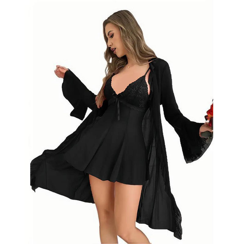 Nightdress Lace Pure Desire Suspender Skirt Mesh Outerwear Gown Black - Shop at LoveMi