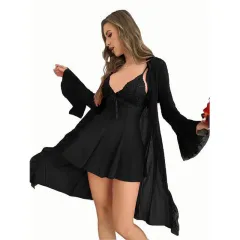 Nightdress Lace Pure Desire Suspender Skirt Mesh Outerwear Gown - Black - View 1