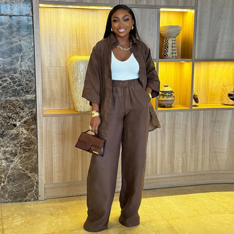 Three-quarter Sleeve Top Two-piece Pants Summer - Brown