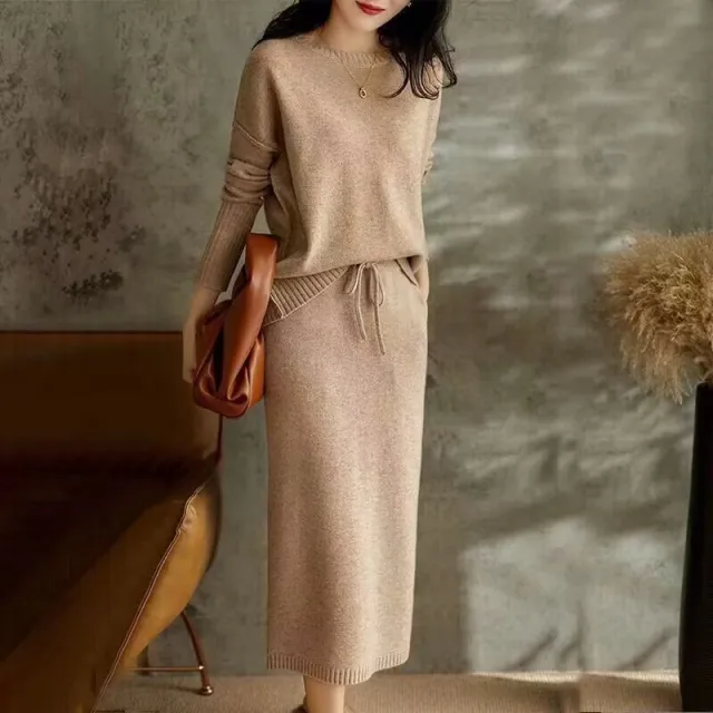 Knitted Loose Slimming Top With Skirt Two piece Set For Women Khaki - Shop at LoveMi