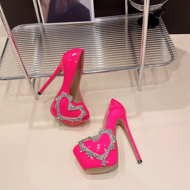 Rhinestone Love Heart Waterproof Platform High Heels Red - Shop at LoveMi