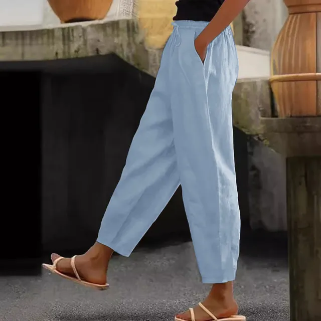 Spring And Autumn New Women's Cotton And Linen Solid Color Fashion Casual Daily Elasticated Slacks Sky Blue - Shop at LoveMi