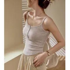 Solid-colour Buttoned Cropped Camisole - Grey - View 1