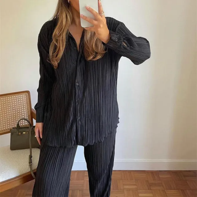 Shirt Straight leg Trousers Two piece Set For Women Black - Shop at LoveMi