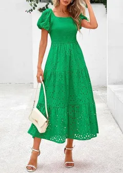 Square Collar Puff Sleeve Pleating Mesh Short Sleeve Dress - Emerald Green - View 1