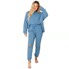 Women's Solid Colour Ripped Round Neck Pullover Pants Casual Long Sleeve Sweatshirt Cotton Suit - Azure-Xxl - View 1